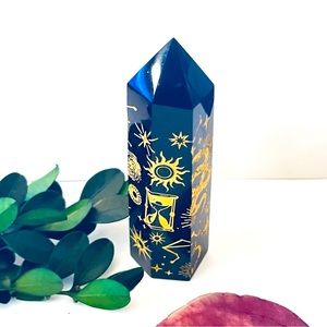 New Natural Obsidian Carved Artisan Sun 24k Gold Tower Point Crystal Decoration